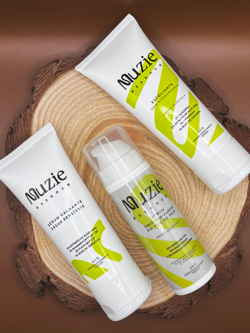 Kit de produtos Muzie sobre cesta de palha